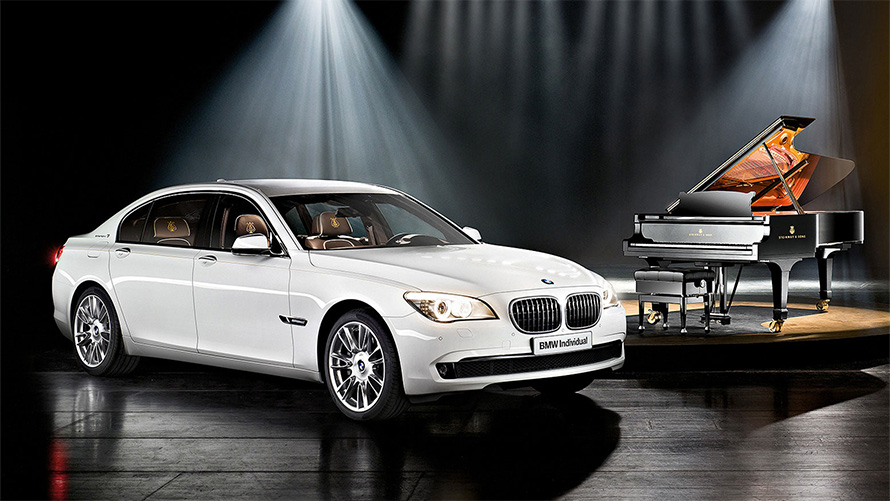 BMW Individual 7 Series Composition inspired by Steinway & Sons F01 2010 BMW three-quarter side view in front of piano